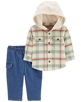 2-Piece Plaid Hooded Shirt & Pull-On Pant Set