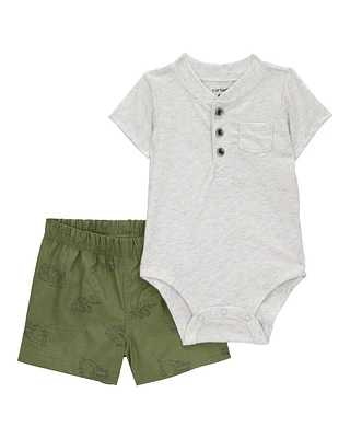 Baby 2-Piece Henley Bodysuit & Short Set - Grey/Green