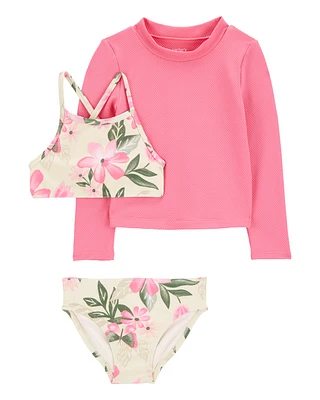 Toddler 3-Piece Tropical Floral Rashguard Swim Set - Pink/Cream