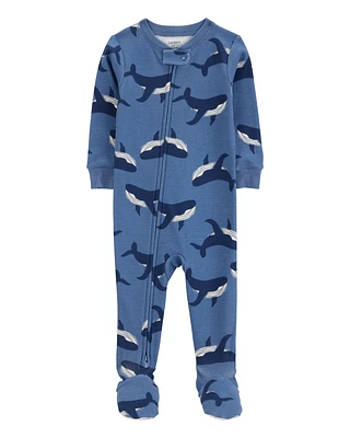 Baby Whale Print Snug Fit Cotton Footie 1-Piece Pyjamas - Navy