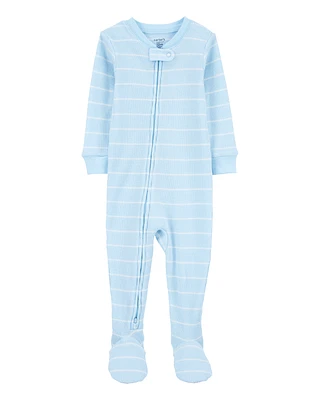 Baby Striped Waffle Knit Footie 1-Piece Pyjamas - Blue