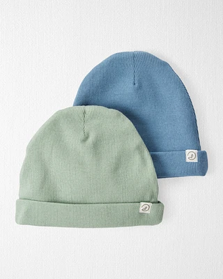 Baby 2-Pack Organic Cotton Rib Caps - Juniper Moss, Blue