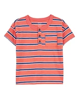 Baby Striped Cotton Short-Sleeve Henley - Orange