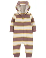 Striped Hooded Zip-Up Fleece Jumpsuit