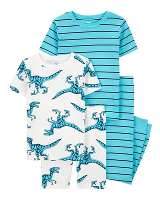 Kid 4-Piece Striped Dinosaur 100% Snug Fit Cotton Pyjamas