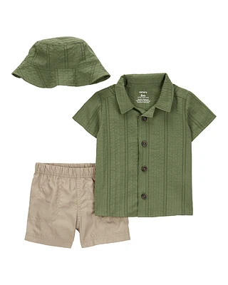 Baby 3-Piece Short & Hat Set - Olive/Khaki
