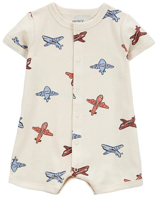 Baby Airplane-Print Ribbed Short-Sleeve Romper - Cream