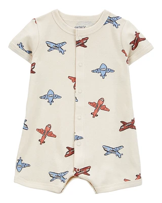 Baby Airplane-Print Ribbed Short-Sleeve Romper - Cream