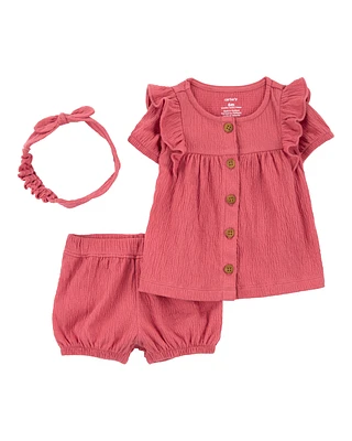 Baby 3-Piece Gauze Button-Front Outfit Set- Red