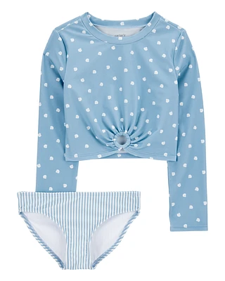 Kid 2-Piece Shell Striped Long-Sleeve Rashguard Swim Set - Blue