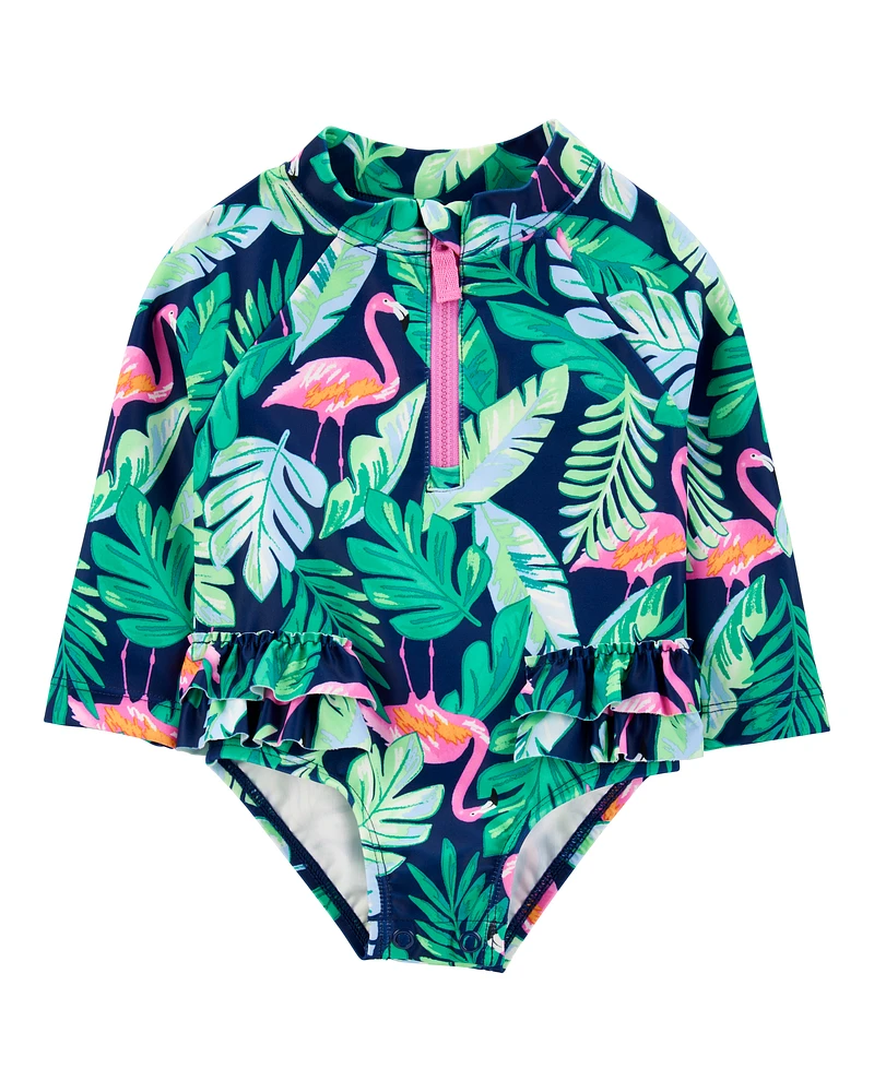 Baby 1-Piece Tropical Flamingo Long-Sleeve Rashguard Swimsuit