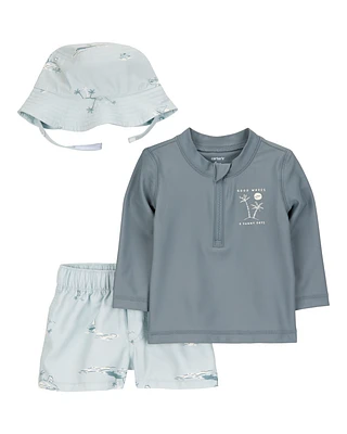 Baby 3-Piece Long-Sleeve Rashguard, Swim Trunk & Hat Set - Grey/Blue