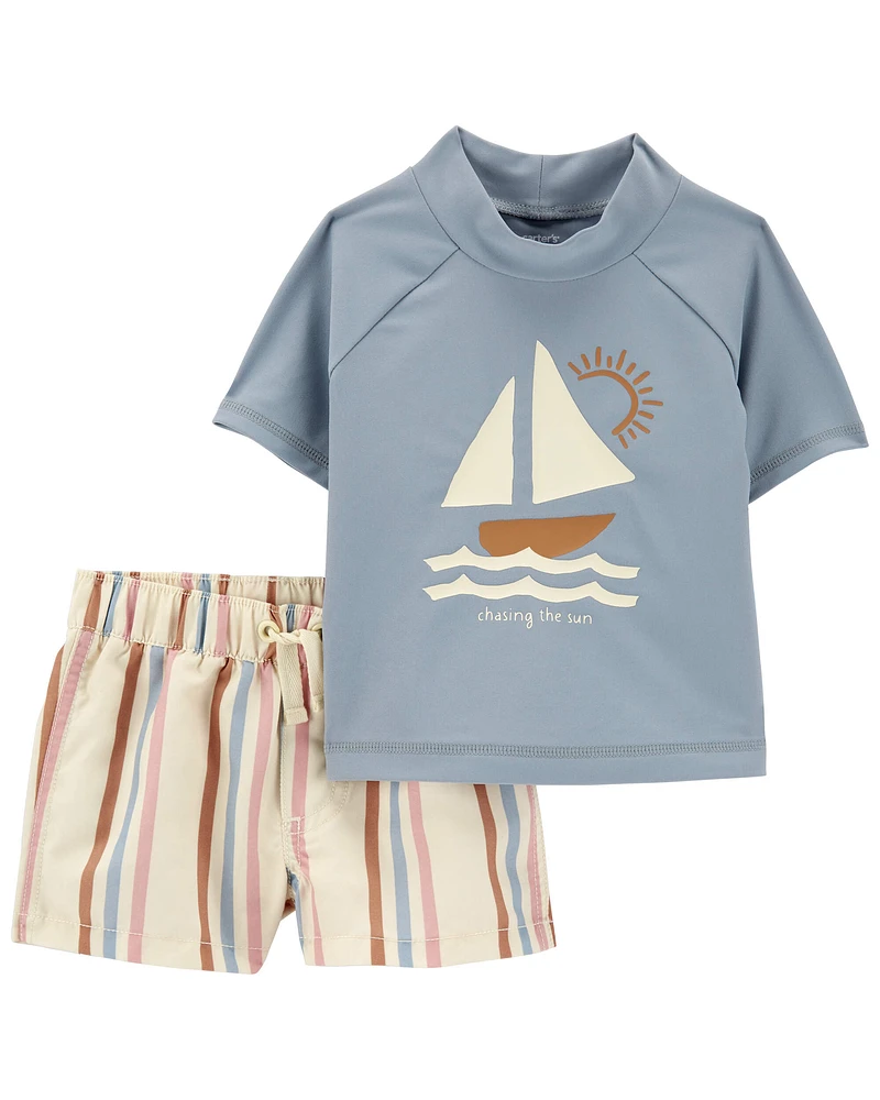 2-Piece Sailboat Rashguard & Striped Swim Trunk Set