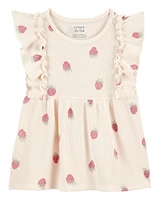 Baby Strawberry-Print Waffle Knit Top - Ivory