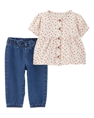 Baby 2-Piece Floral Button-Front Top & Pull-On Denim Pant Set