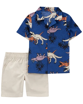 2-Piece Dinosaur Button-Front Shirt & Short Set