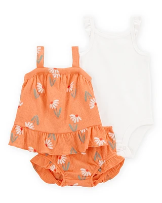 Baby 3-Piece Floral  Outfit Set - Orange/White