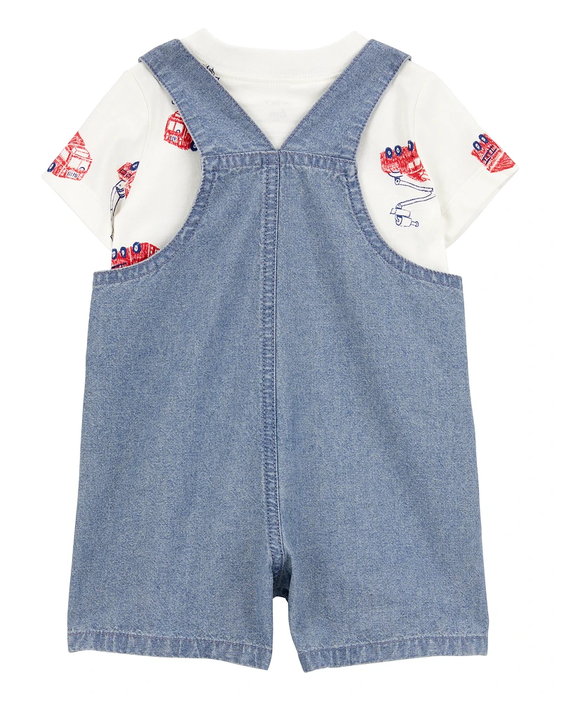 Baby 2-Piece Fire Truck Tee & Shortall Set - Grey