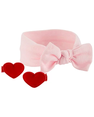 Baby 3-Piece Valentine's Day Headwrap & Heart Clips Set - Pink