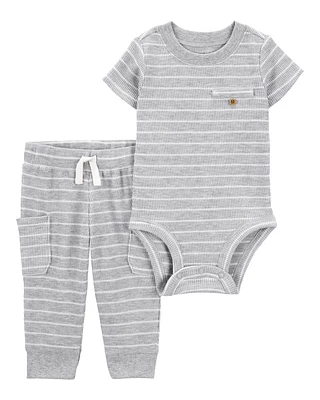 Baby 2-Piece Striped Waffle Knit Bodysuit Pant Set - Heather