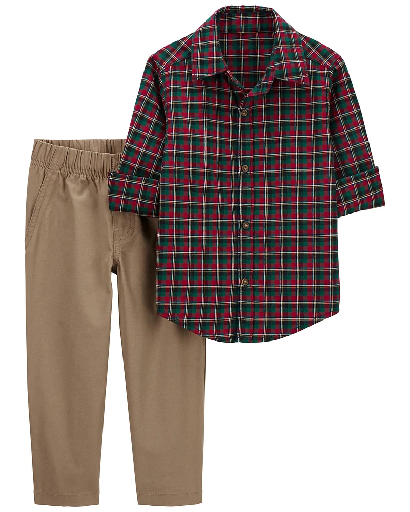 2-Piece Plaid Button-Front Top & Pant Set