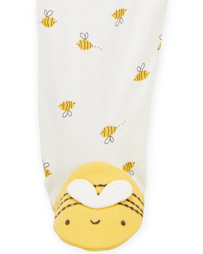 Baby Bee Print 2-Way Zip Cotton Sleeper Pyjamas - Cream