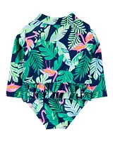 Baby 1-Piece Tropical Flamingo Long-Sleeve Rashguard Swimsuit