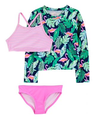 Kid 3-Piece Tropical Flamingo Print Rashguard Swim Set