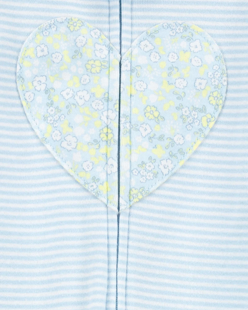 Toddler Girl Heart Striped Snug Fit Cotton Footie 1-Piece Pyjamas - Blue
