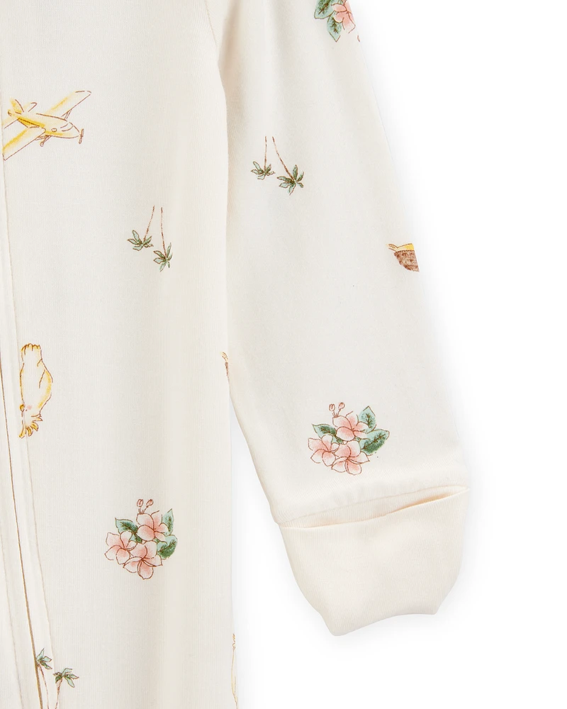 Baby Tropical Print 2-Way Zip PurelySoft Convertible Foot Sleeper Pyjamas - Ivory