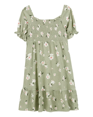 Kid Smocked Floral Dress- Green