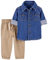 2-Piece Denim Button-Front & Pull-On Pant Set