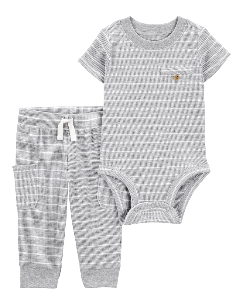 Baby 2-Piece Striped Waffle Knit Bodysuit Pant Set - Heather