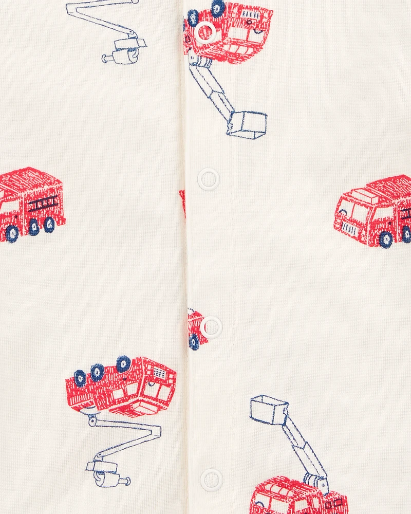 Baby Fire Truck Short-Sleeve Romper - Cream