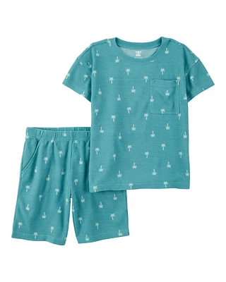 Kid Palm Tree Print Loose Fit Waffle Knit 2-Piece Pyjamas - Turquoise