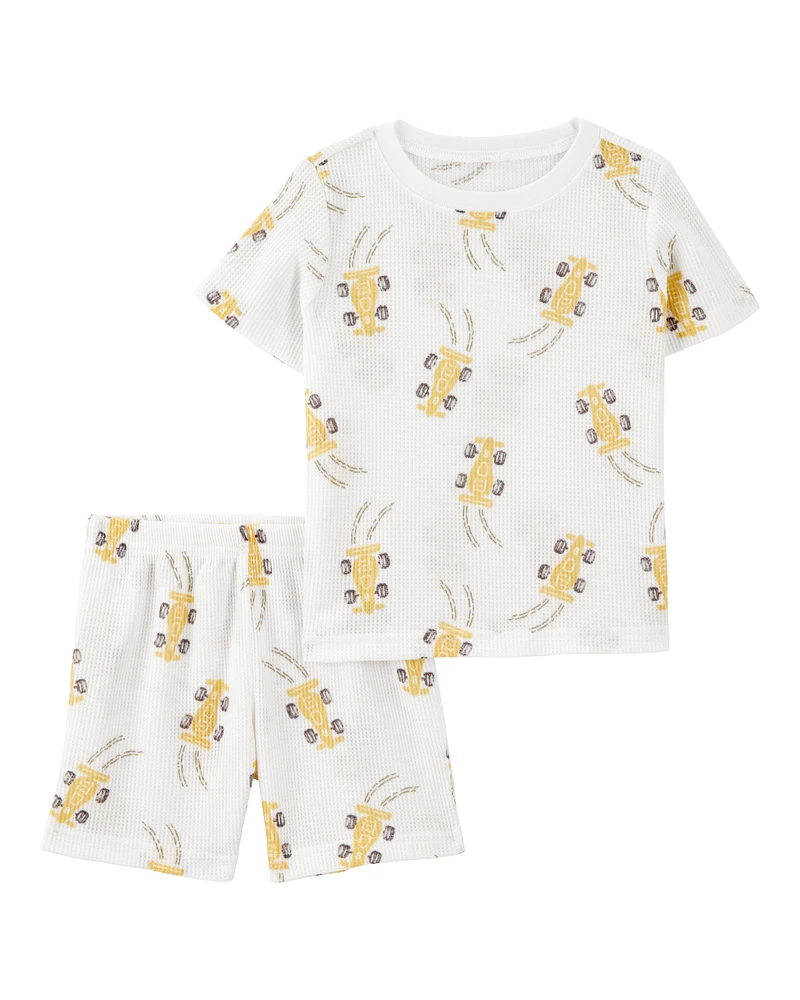 Toddler Race Car Print Loose Fit Waffle Knit 2-Piece Pyjamas - Grey