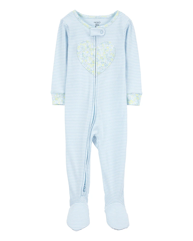 Toddler Heart Striped Snug Fit Cotton Footie 1-Piece Pyjamas - Blue