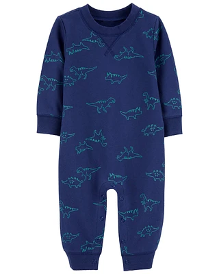 Baby Dinosaur Print French Terry Long-Sleeve Jumpsuit - Blue