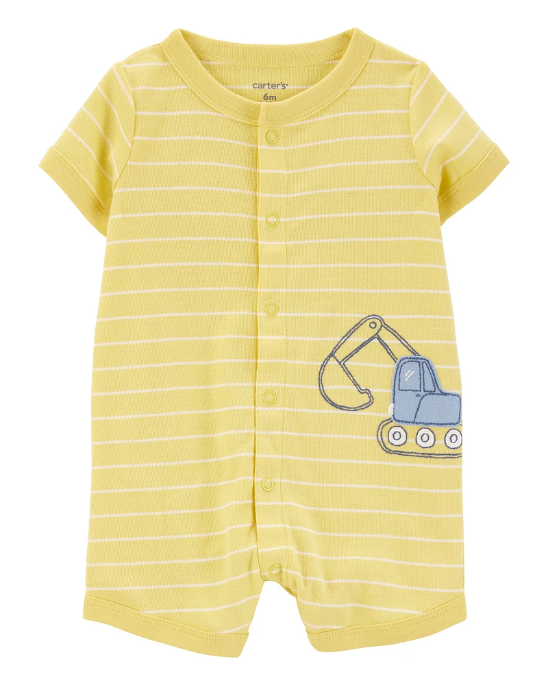 Baby Construction Striped Cotton Short-Sleeve Romper - Yellow