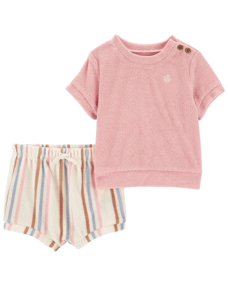 2-Piece Flower Terry Tee & Striped Short Set