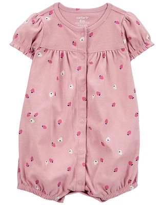 Baby Strawberry Print Ribbed Short-Sleeve Romper - Pink