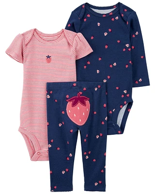 Baby Navy Strawberry 3-Piece Bodysuit Pant Set