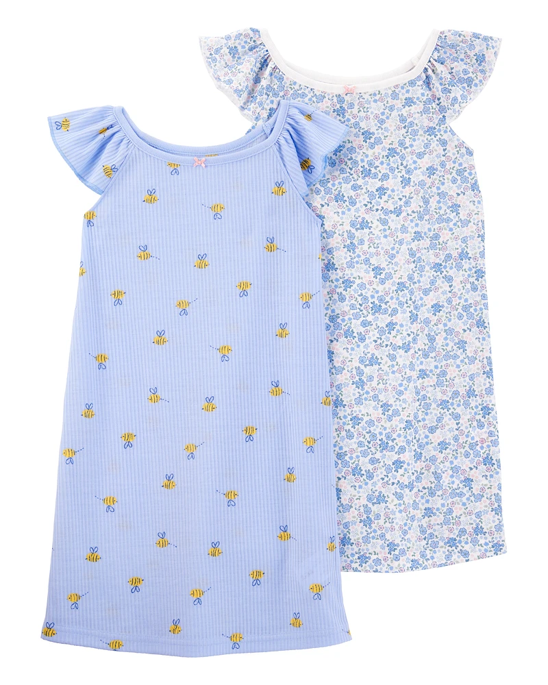 Girls 2-Pack Floral Nightgowns - Blue