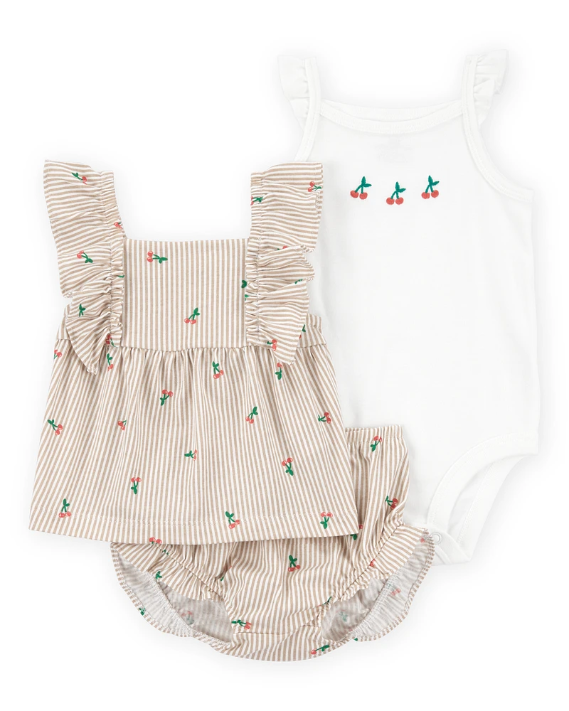 Baby 3-Piece Striped Cherry Print Outfit Set - White/Pink
