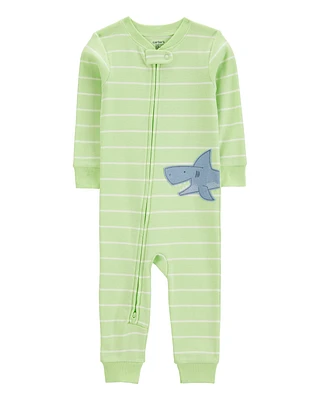 Baby Shark Striped Snug Fit Cotton Footless 1-Piece Pyjamas - Green