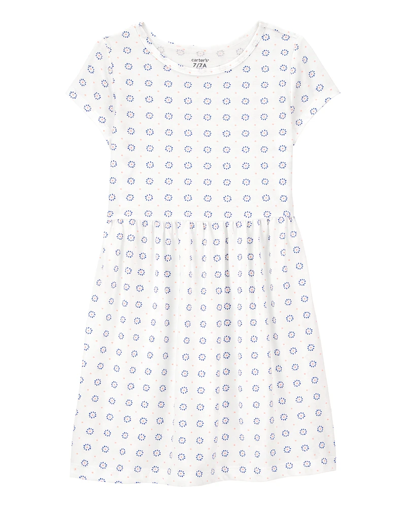 Girls Floral Short-Sleeve Dress- Ivory