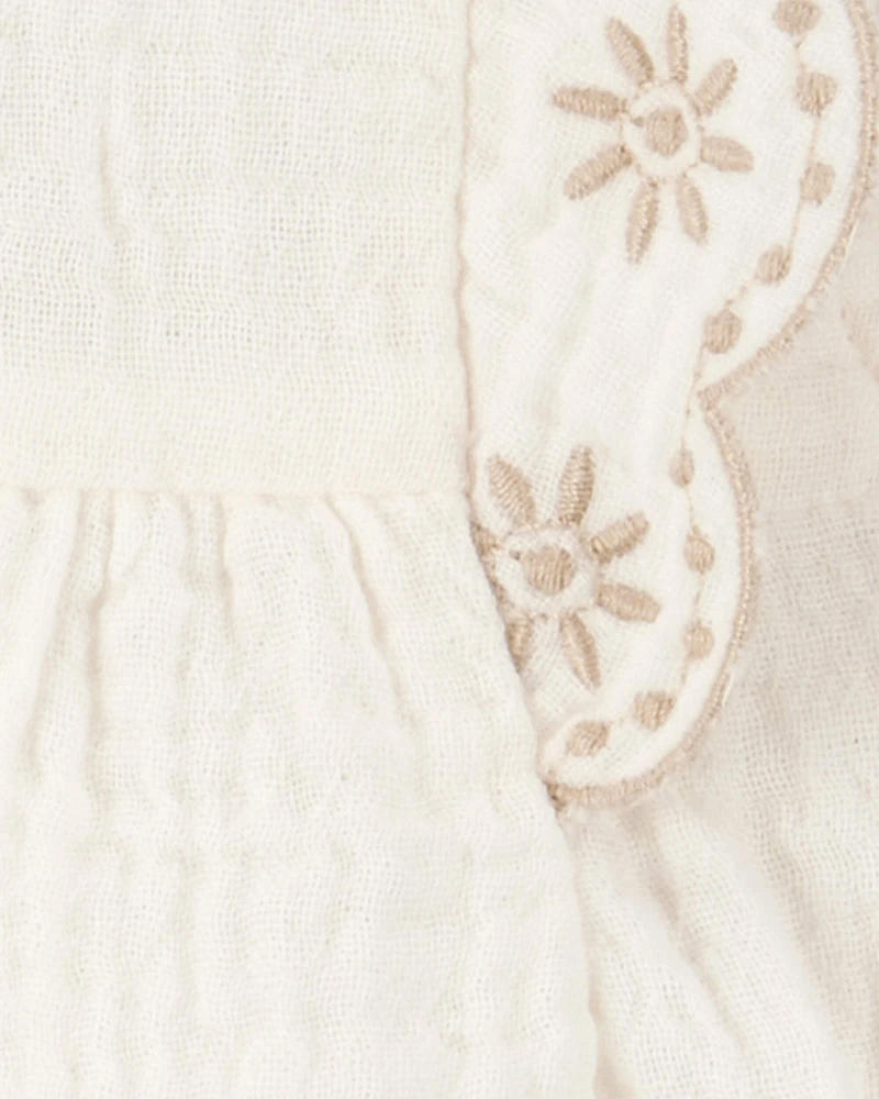 Baby 2-Piece Eyelet-Sleeve Tank & Pull-On Chambray Short Set - Ivory/Chambray