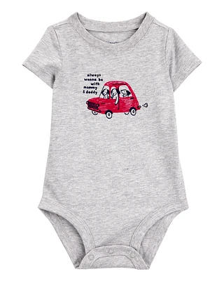 Baby Always With Mommy And Daddy Dog Short-Sleeve Bodysuit - Grey