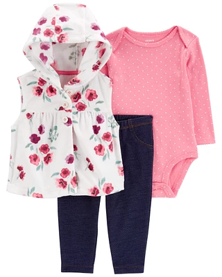 3-Piece Floral Hooded Vest Set