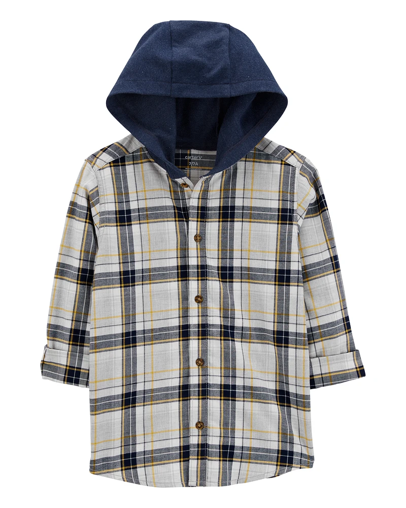 Kid Plaid Hooded Button-Down Shirt